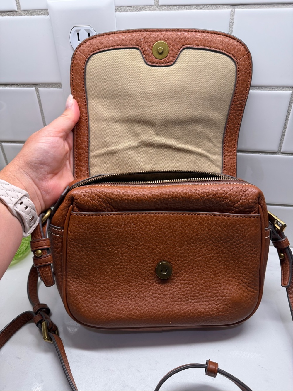 J. Crew Pebbled Leather Saddle Crossbody in Cognac Brown - Picture 9 of 11